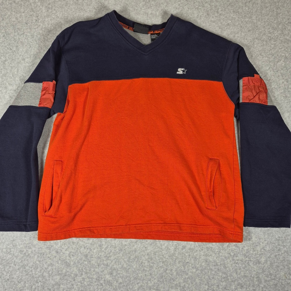 Vintage Starter Sweatshirt Mens L Navy Orange Colorblock V-Neck Pullover Pockets